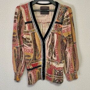 Anthropologie GUINEVERE Multicolor Print V Cardigan with ribbon trim